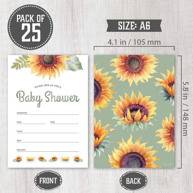 Hat Acrobat Set of 25 Sunflower Baby Shower Invitations for Girl - Baby Girl Shower Invitations with Envelopes, Diaper Raffle Tickets & Book Request Cards - Sunflower Theme Baby Shower Invitations Girl 25 Count - Image 2